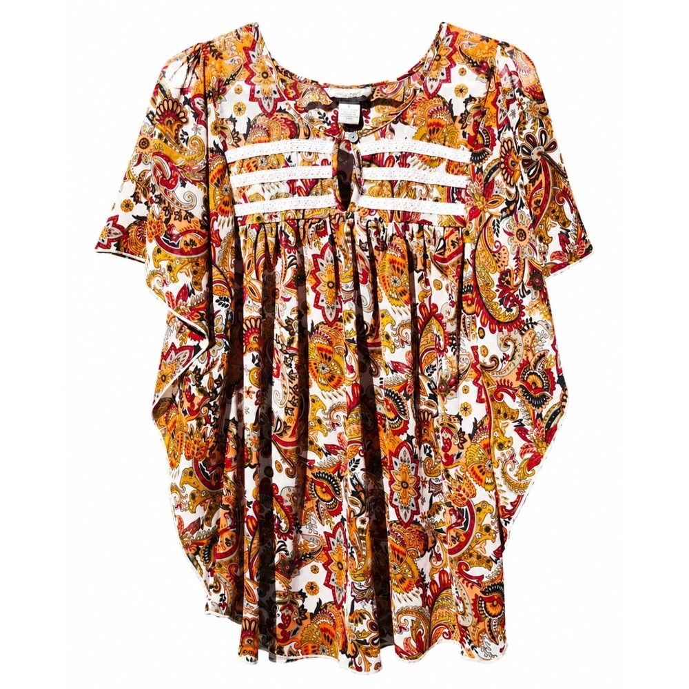 Fun & Flirt Womens Boho Paisley Babydoll Top Orange Red Butterfly Sleeve Large - Picture 2 of 9